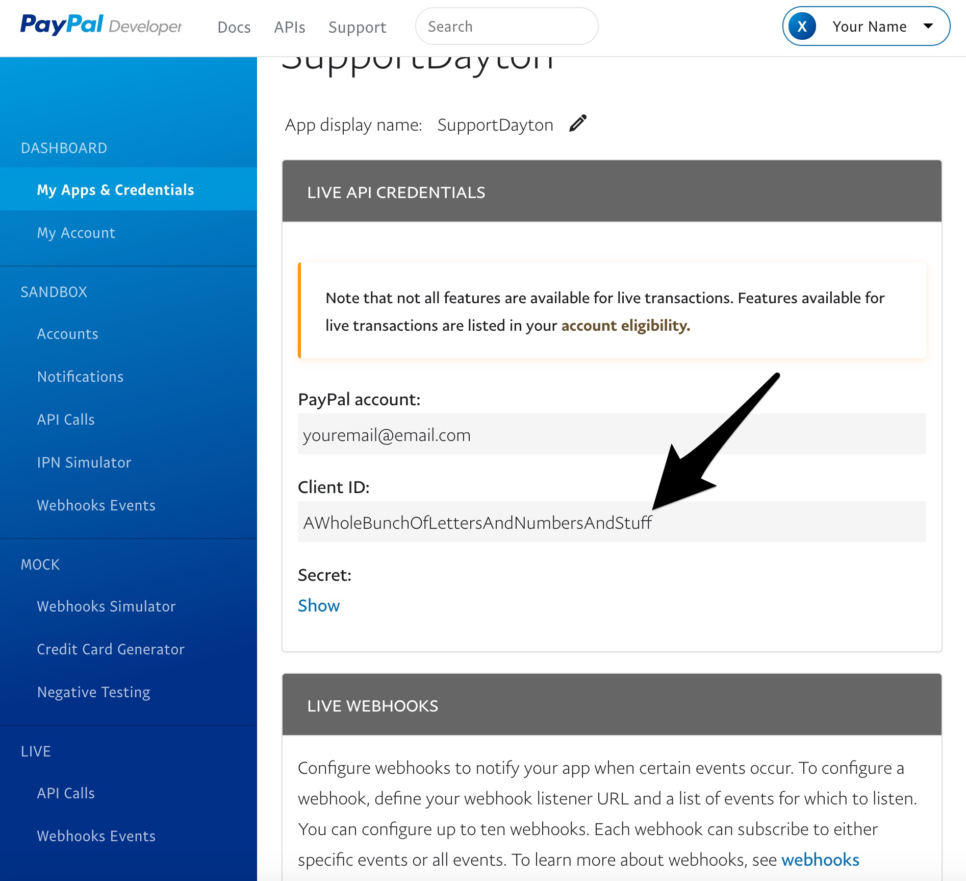 Screenshot of PayPal Live Apps screen