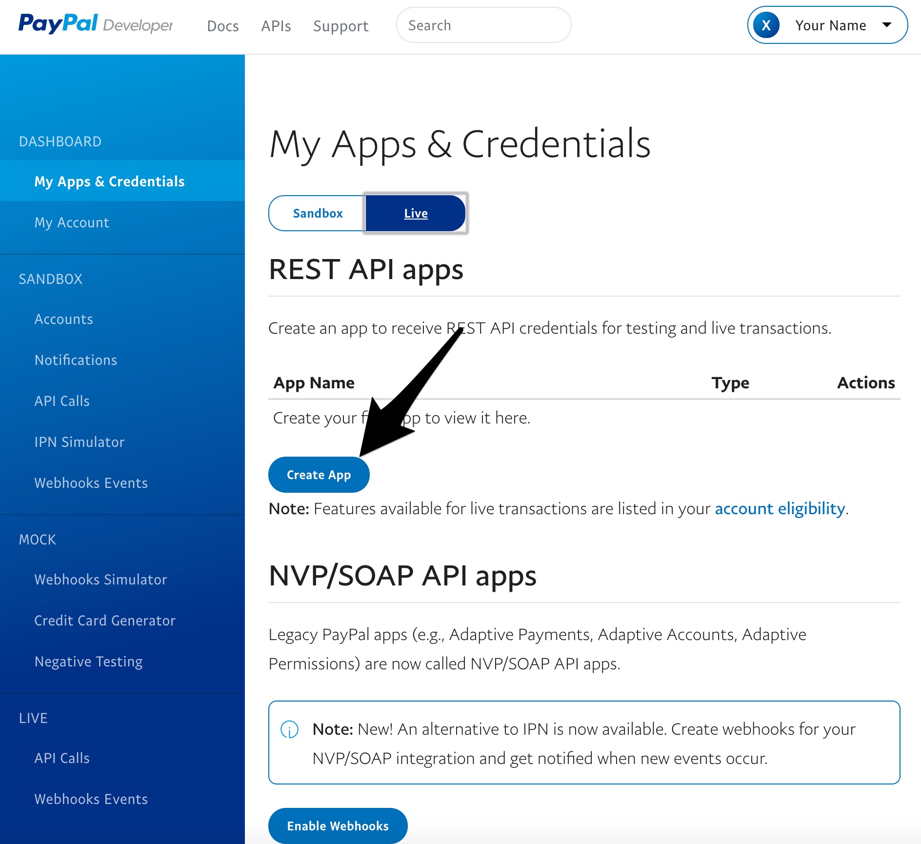 Screenshot of PayPal Live Apps screen